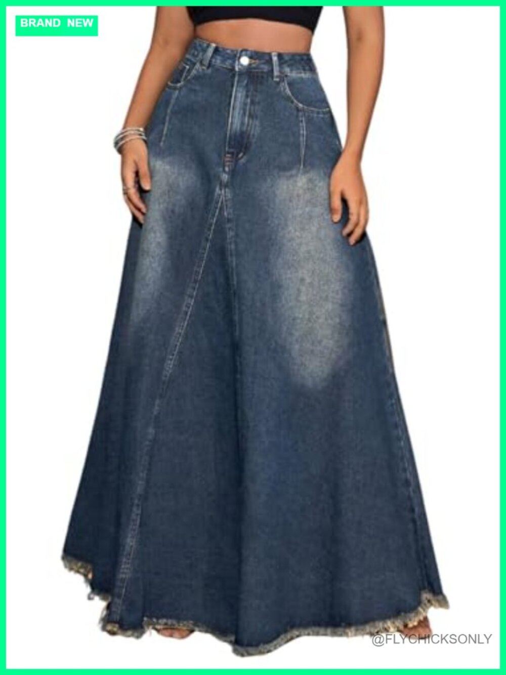 Vintage Full Length Denim Maxi Skirt High Waisted Frayed Raw Hem Flared A Line